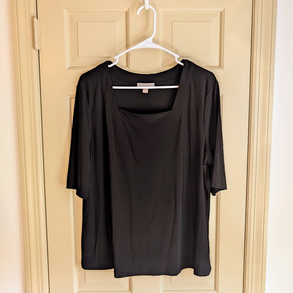 Roz & Ali Women's Blouse Square Neck Black Top Short Sleeve Workwear Size XL